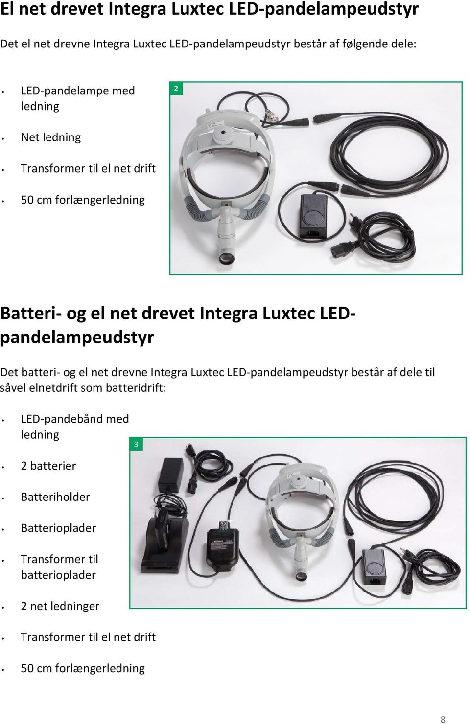 LEDpandelampeudstyr Det batteri og el net drevne Integra Luxtec LED pandelampeudstyr består af dele til såvel elnetdrift som batteridrift: