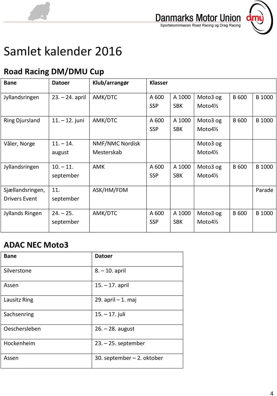 september ASK/HM/FDM Parade Jyllands Ringen 24. 25. september AMK/DTC A 600 ADAC NEC Moto3 Bane Datoer Silverstone 8. 10. april Assen 15. 17.