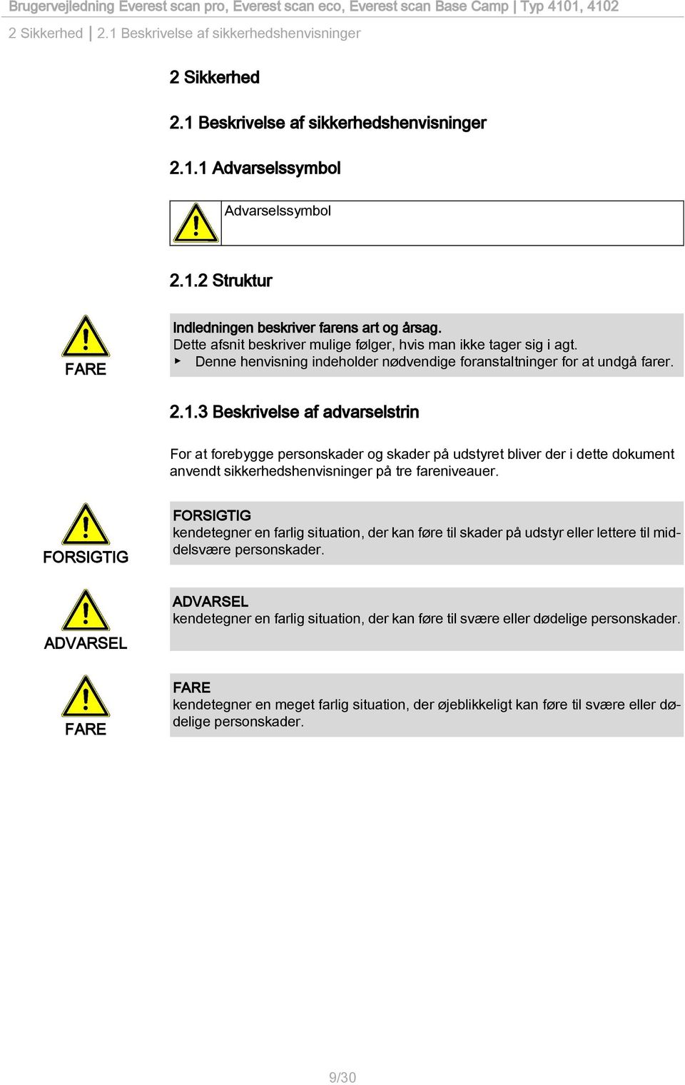3 Beskrivelse af advarselstrin For at forebygge personskader og skader på udstyret bliver der i dette dokument anvendt sikkerhedshenvisninger på tre fareniveauer.