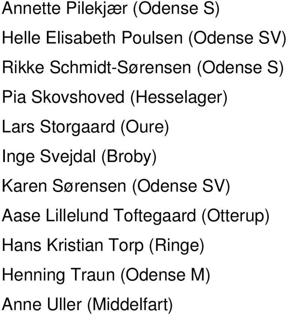 (Oure) Inge Svejdal (Broby) Karen Sørensen (Odense SV) Aase Lillelund
