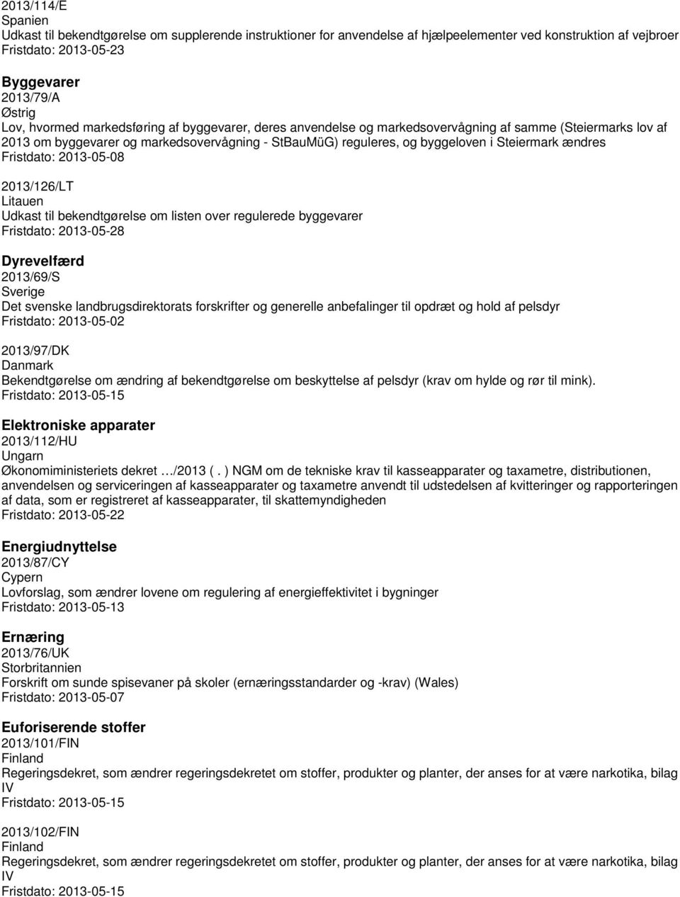 Litauen Udkast til bekendtgørelse om listen over regulerede byggevarer Fristdato: 2013-05-28 Dyrevelfærd 2013/69/S Sverige Det svenske landbrugsdirektorats forskrifter og generelle anbefalinger til
