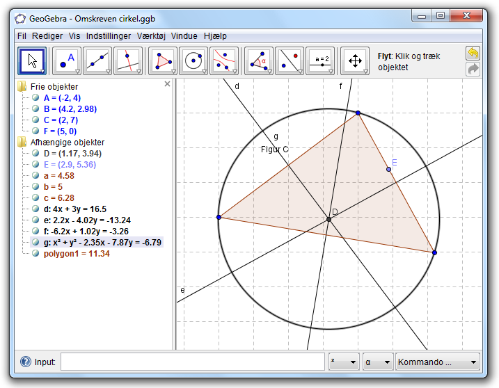 Opgave 1.2 Lad eleverne arbejde med trekantens omskrevne cirkel, der fremkommer ved indtegning af trekantens midtnormaler. Eleverne kan enten genbruge trekanterne fra opgave 1.