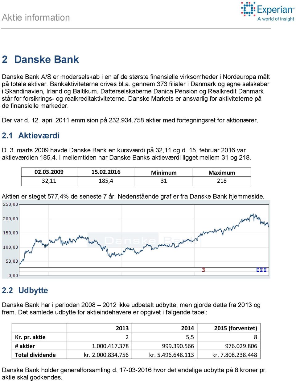 april 2011 emmision på 232.934.758 aktier med fortegningsret for aktionærer. 2.1 Aktieværdi D. 3. marts 2009 havde Danske Bank en kursværdi på 32,11 og d. 15. februar 2016 var aktieværdien 185,4.