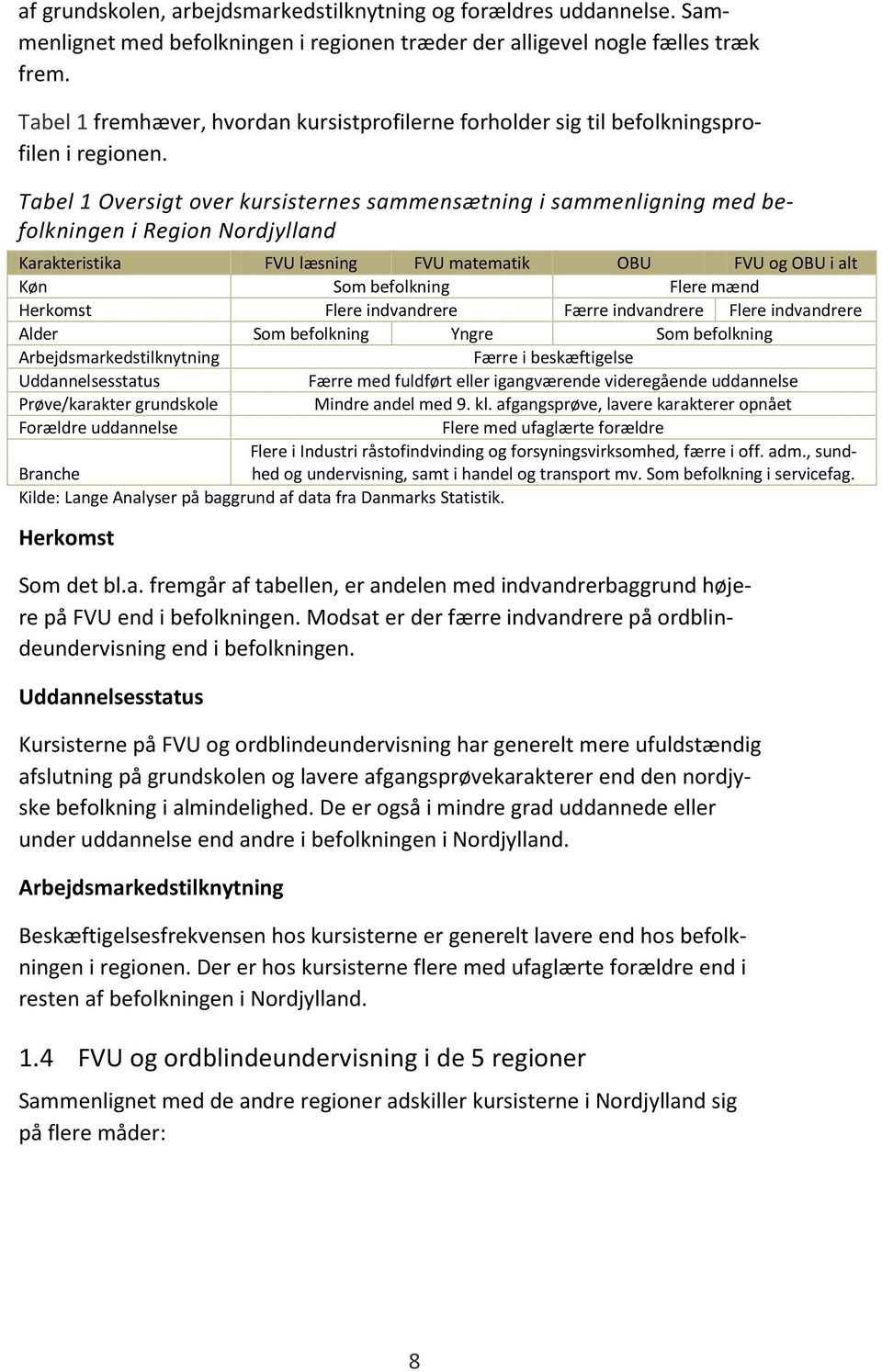Tabel 1 Oversigt over kursisternes sammensætning i sammenligning med befolkningen i Region Nordjylland Karakteristika FVU læsning FVU matematik OBU FVU og OBU i alt Køn Som befolkning Flere mænd