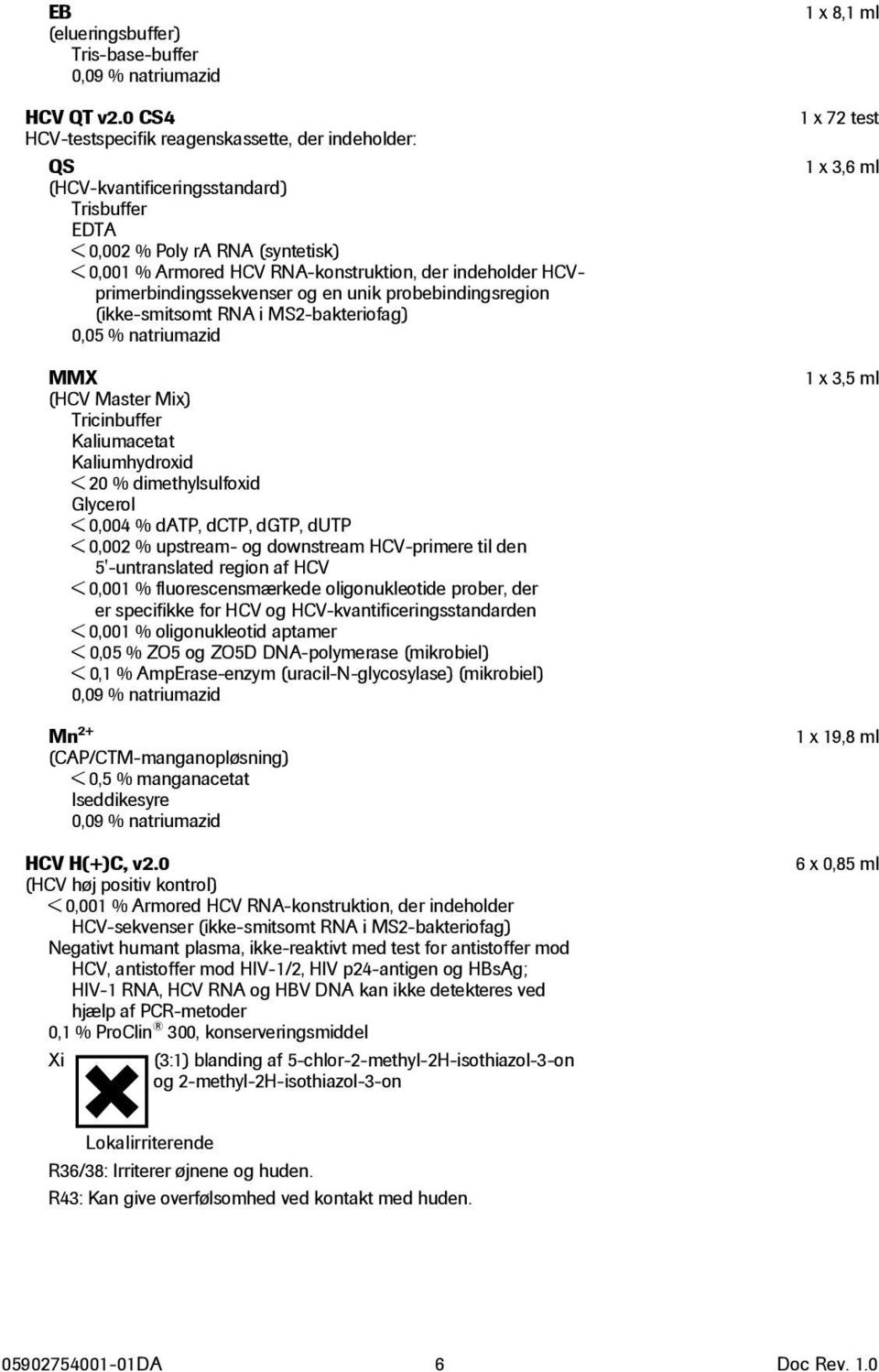 HCVprimerbindingssekvenser og en unik probebindingsregion (ikke-smitsomt RNA i MS2-bakteriofag) 0,05 % natriumazid MMX (HCV Master Mix) Tricinbuffer Kaliumacetat Kaliumhydroxid < 20 %