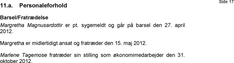 Margretha er midlertidigt ansat og fratræder den 15. maj 2012.