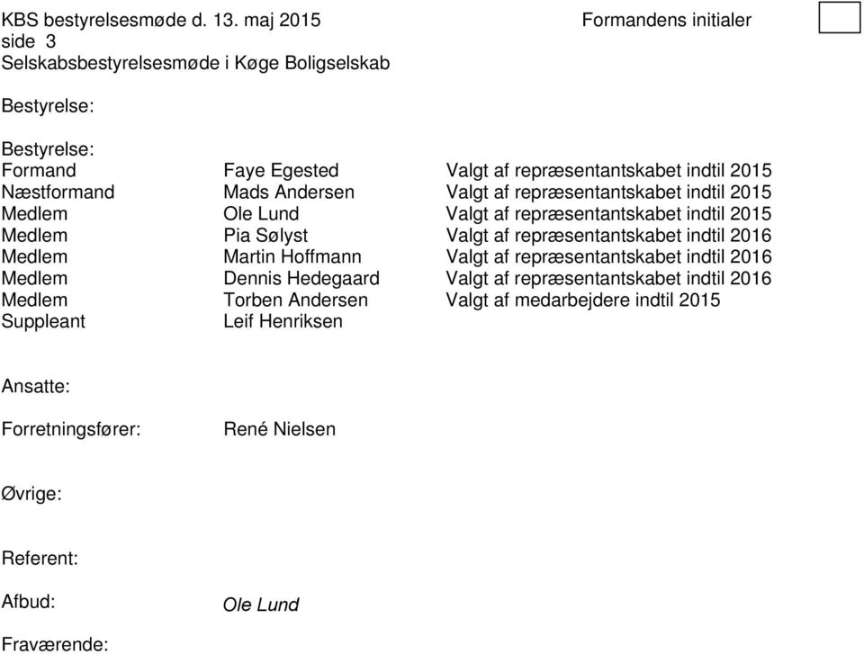 Næstformand Mads Andersen Valgt af repræsentantskabet indtil 2015 Medlem Ole Lund Valgt af repræsentantskabet indtil 2015 Medlem Pia Sølyst Valgt af