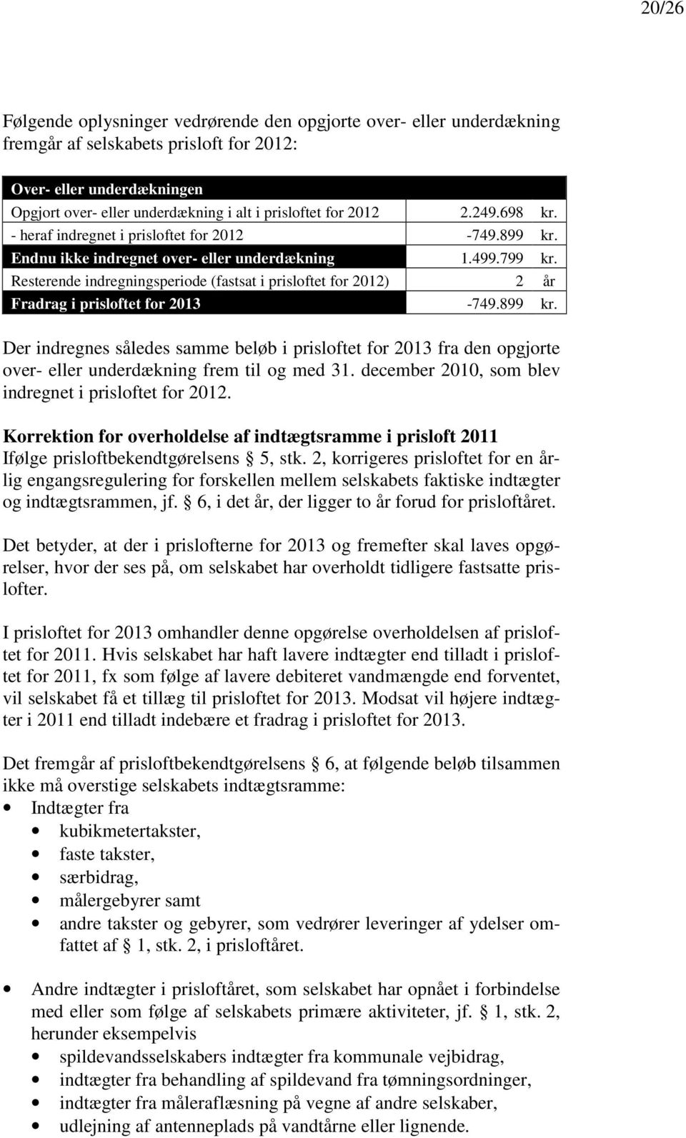 Resterende indregningsperiode (fastsat i prisloftet for 2012) 2 år Fradrag i prisloftet for 2013-749.899 kr.