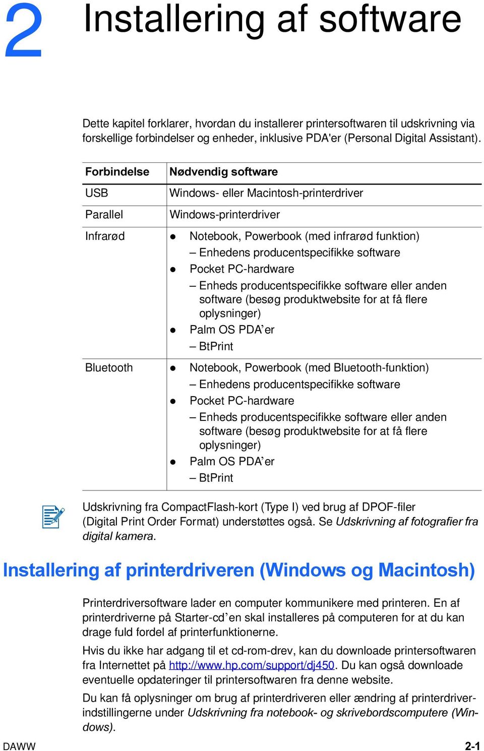 Pocket PC-hardware Enheds producentspecifikke software eller anden software (besøg produktwebsite for at få flere oplysninger) Palm OS PDA er BtPrint Bluetooth Notebook, Powerbook (med