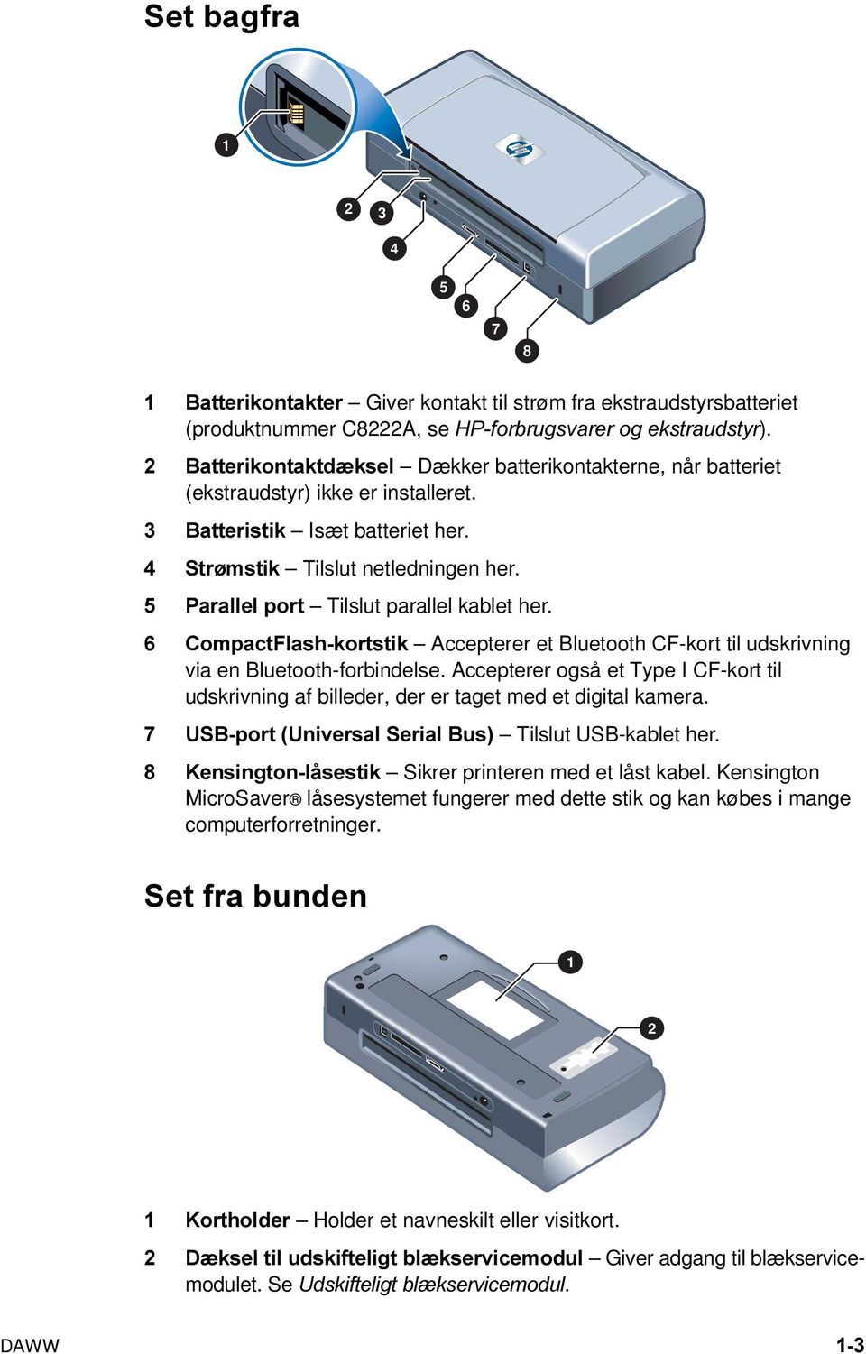 5 Parallel port Tilslut parallel kablet her. 6 CompactFlash-kortstik Accepterer et Bluetooth CF-kort til udskrivning via en Bluetooth-forbindelse.