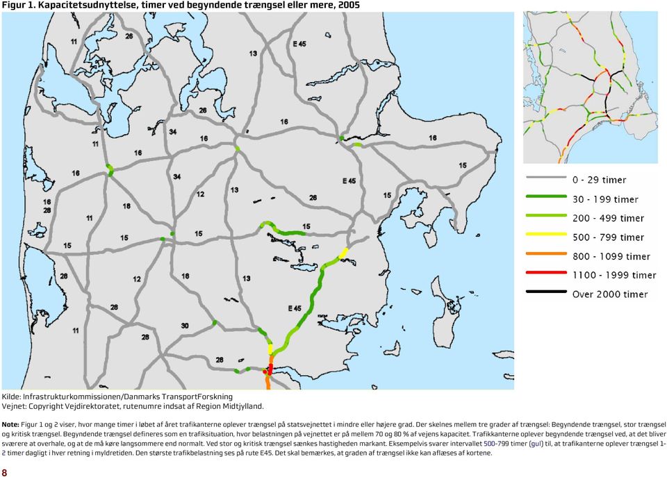 Midtjylland. Note: Figur 1 og 2 viser, hvor mange timer i løbet af året trafikanterne oplever trængsel på statsvejnettet i mindre eller højere grad.