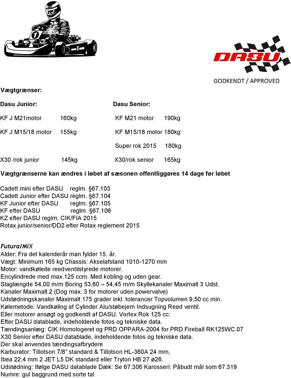 CIK/FIA 2015 Rotax junior/senior/dd2 efter Rotax reglement 2015 Futura/MIX Alder: Fra det kalenderår man fylder 15. år.