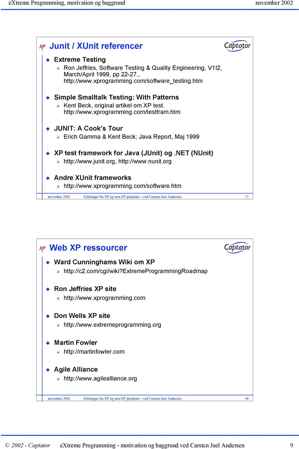 htm JUNIT: A Cook s Tour Erich Gamma & Kent Beck; Java Report, Maj 1999 XP test framework for Java (JUnit) og.net (NUnit) http://www.junit.org, http://www.nunit.org Andre XUnit frameworks http://www.