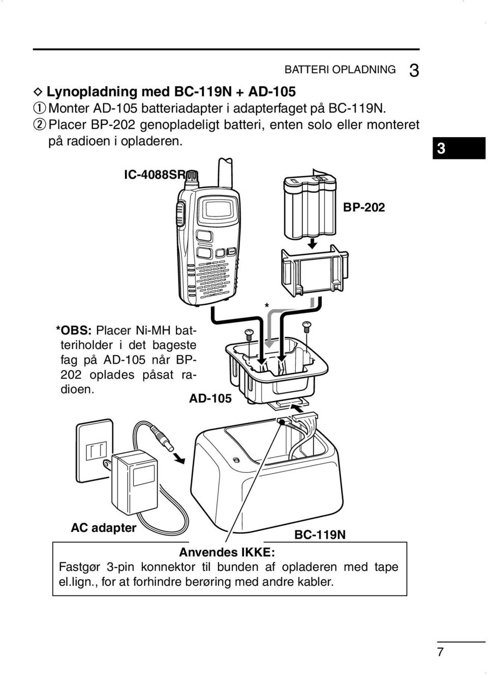 IC-4088SR 3 3 BP-202 *OBS: Placer Ni-MH batteriholder i det bageste fag på AD-105 når BP- 202 oplades påsat radioen.