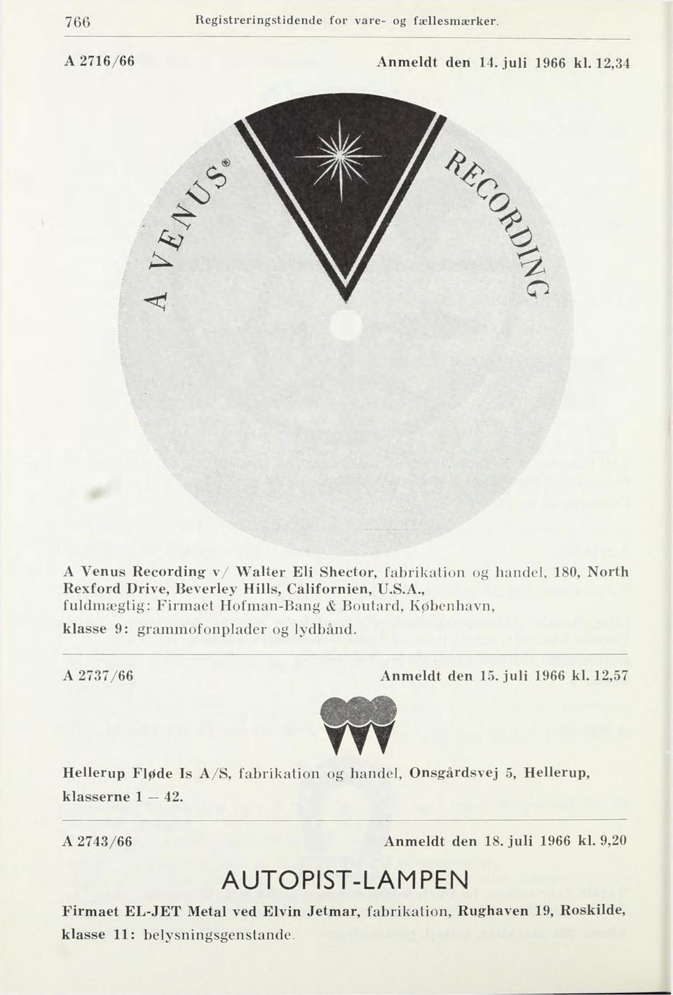 A 2737/66 Anmeldt den 15. juli 1966 kl. 12,57 Hellerup Fløde Is A/S, fabrikation og handel, Onsgårdsvej 5, Hellerup, klasserne 1 42.