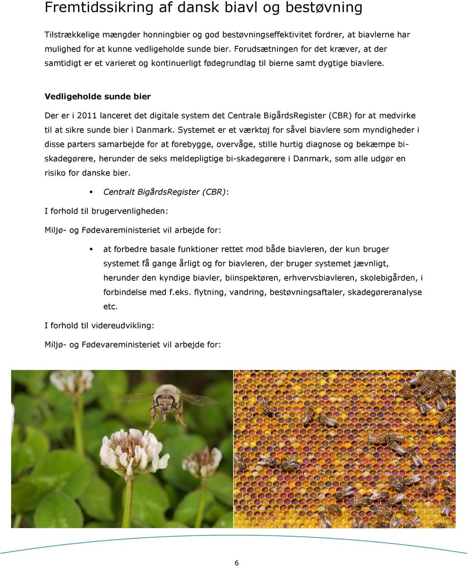 Vedligeholde sunde bier Der er i 2011 lanceret det digitale system det Centrale BigårdsRegister (CBR) for at medvirke til at sikre sunde bier i Danmark.