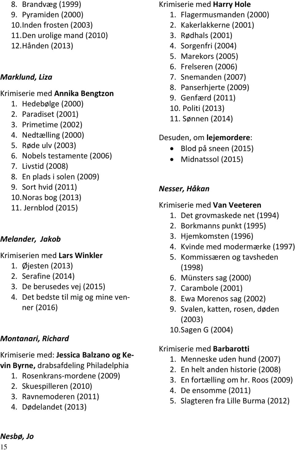 Jernblod (2015) Melander, Jakob Krimiserien med Lars Winkler 1. Øjesten (2013) 2. Serafine (2014) 3. De berusedes vej (2015) 4.