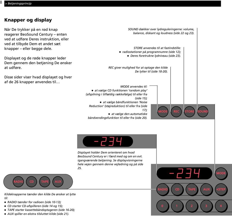 Disse sider viser hvad displayet og hver af de 26 knapper anvendes til SOUND dækker over lydreguleringerne: volume, balance, diskant og loudness (side 22 og 23).