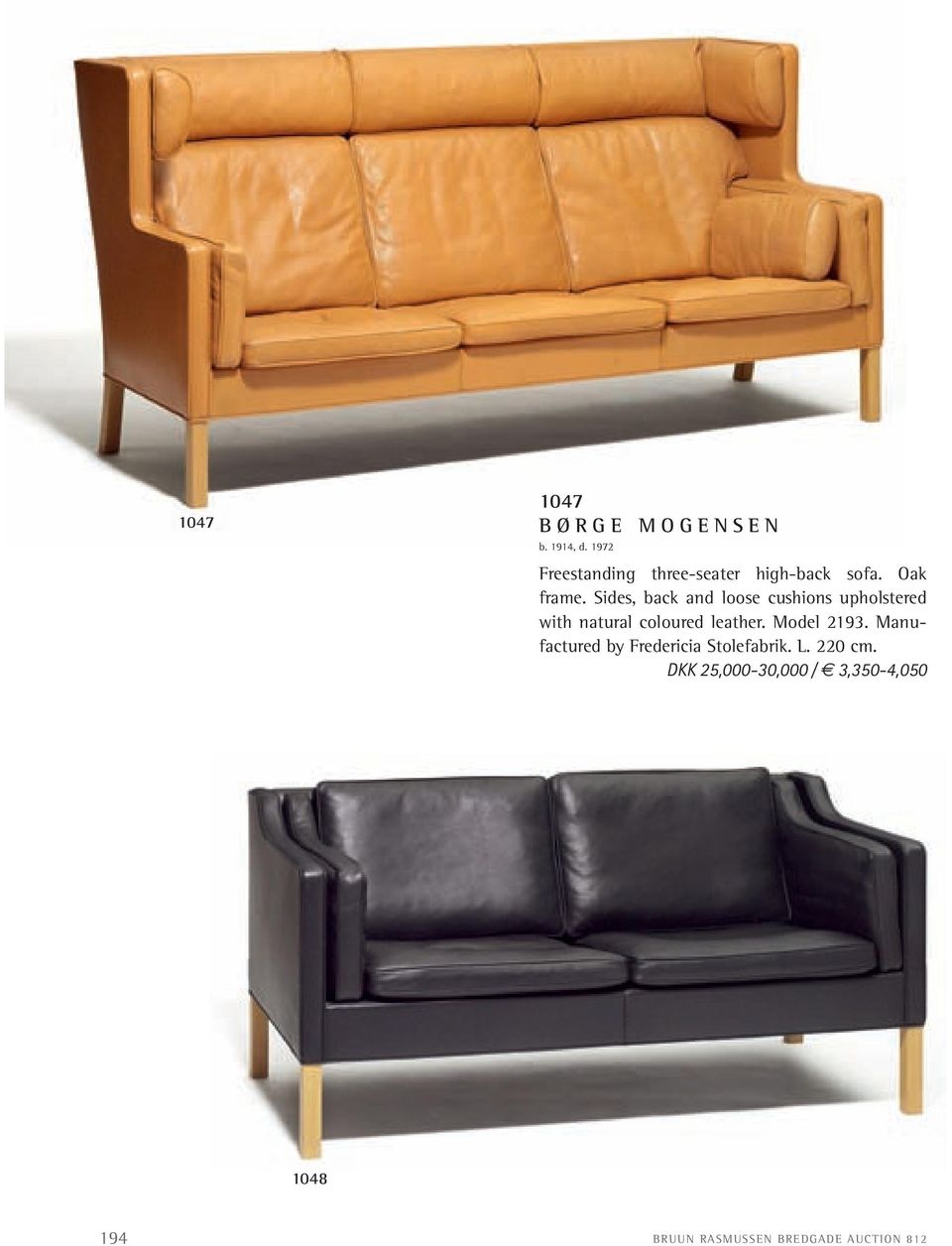 Sides, back and loose cushions upholstered with natural coloured leather.