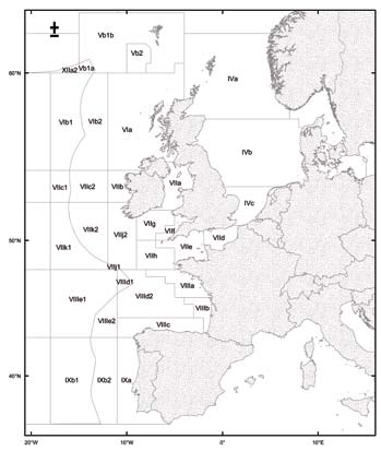 Figur 7.17.1 ICES-kvadrater i Nord- og Vesteuropa.