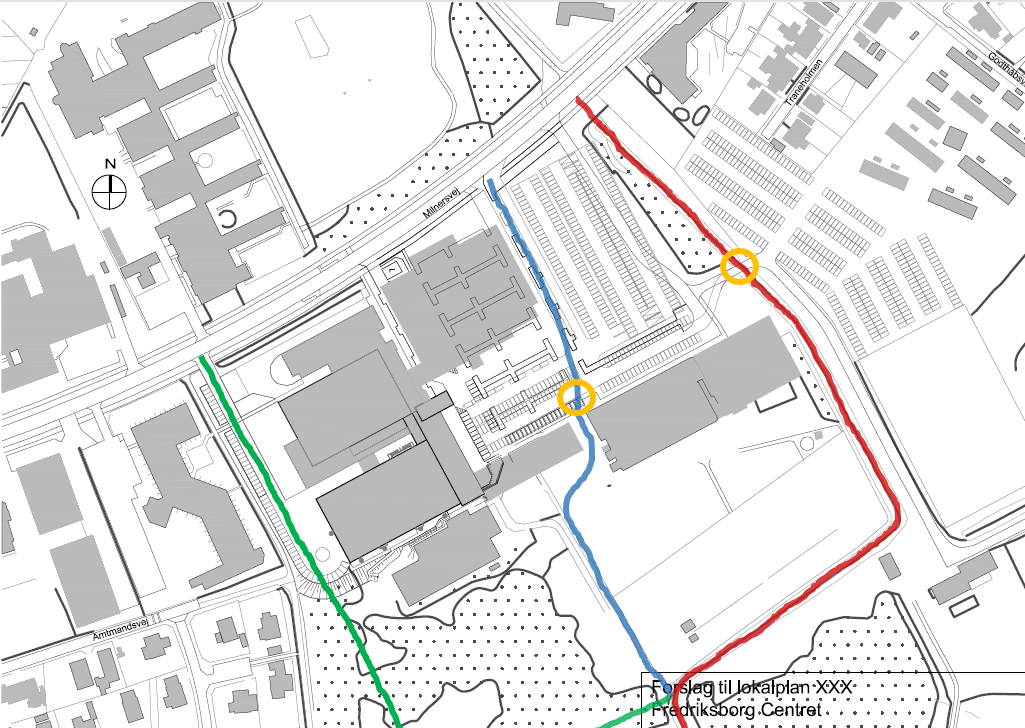 Figur 24: Eksempler på mulig linjeføring af cykelsti fra det sydlige Hillerød til Milnersvej gennem FrederiksborgCentrets område.