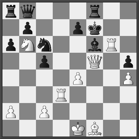 Nyt fra Sønderjysk Skak Nummer 48 Side 18 cxb3 43.cxb3 c2 44.a3 b2 45.b4 b3 46. g2 f4 47. a1? 1... f2+ 2. d3 2. e1 g1+ 3. f1 gxf1# 2... dc5+ 3. d4 d2# Diagram 2. Sort trækker find hurtigste mat.