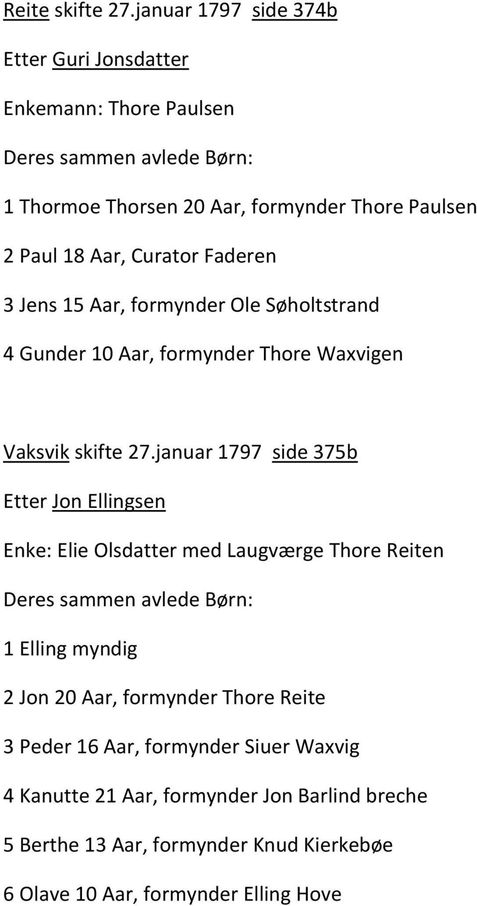 Aar, Curator Faderen 3 Jens 15 Aar, formynder Ole Søholtstrand 4 Gunder 10 Aar, formynder Thore Waxvigen Vaksvik skifte 27.