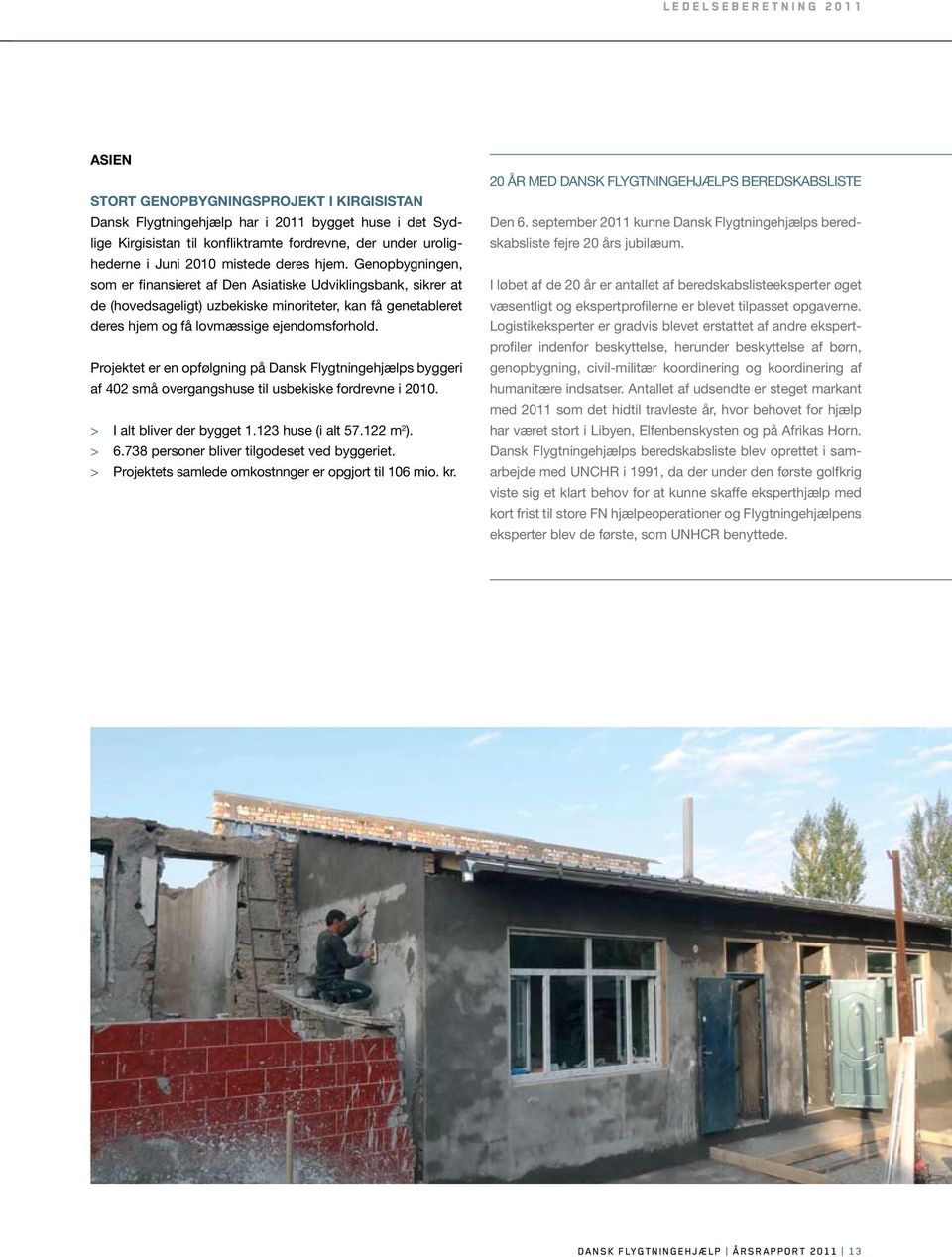 Genopbygningen, som er finansieret af Den Asiatiske Udviklingsbank, sikrer at de (hovedsageligt) uzbekiske minoriteter, kan få genetableret deres hjem og få lovmæssige ejendomsforhold.
