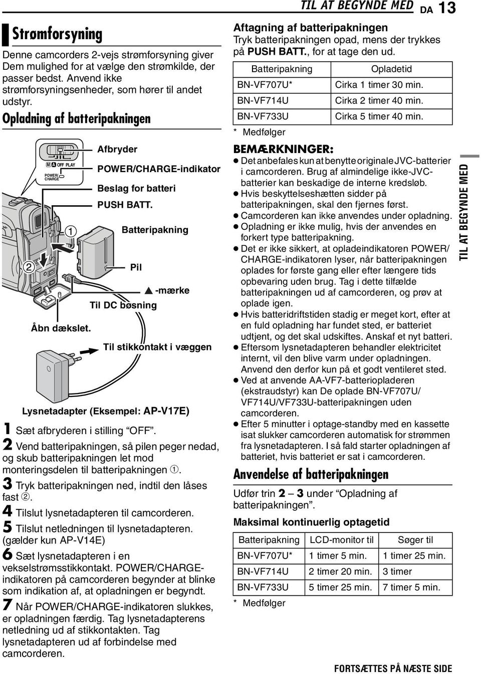Batteripakning Pil Til DC bøsning -mærke Til stikkontakt i væggen Lysnetadapter (Eksempel: AP-V17E) 1 Sæt afbryderen i stilling OFF.