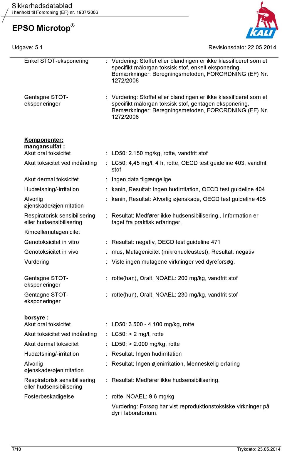 Bemærkninger: Beregningsmetoden, FORORDNING (EF) Nr. 1272/2008 Komponenter: mangansulfat : Akut oral toksicitet Akut toksicitet ved indånding Akut dermal toksicitet : LD50: 2.