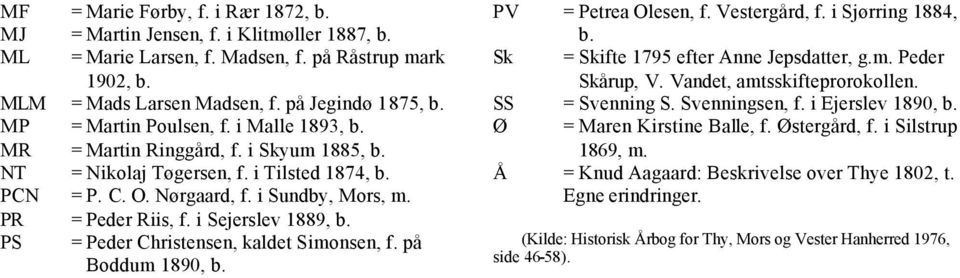 i Sejerslev 1889, b. PS = Peder Christensen, kaldet Simonsen, f. på Boddum 1890, b. PV = Petrea Olesen, f. Vestergård, f. i Sjørring 1884, b. Sk = Skifte 1795 efter Anne Jepsdatter, g.m. Peder Skårup, V.