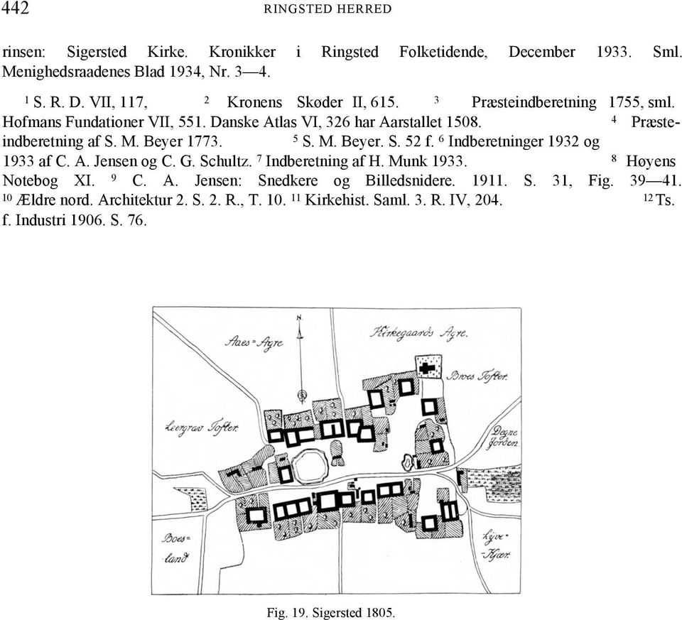 6 Indberetninger 1932 og 1933 af C. A. Jensen og C. G. Schultz. 7 Indberetning af H. Munk 1933. 8 Høyens Notebog XI. 9 C. A. Jensen: Snedkere og Billedsnidere. 1911. S. 31, Fig.