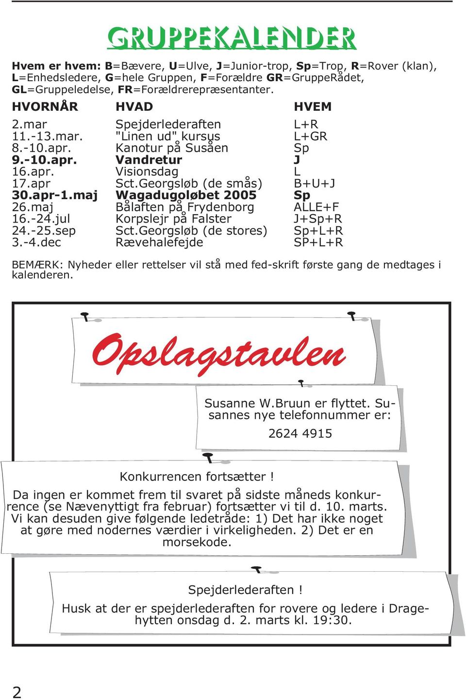 apr-1.maj Wagadugoløbet 2005 Sp 26.maj Bålaften på Frydenborg ALLE+F 16.-24.jul Korpslejr på Falster J+Sp+R 24.-25.sep Sct.Georgsløb (de stores) Sp+L+R 3.-4.