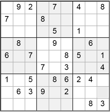 Sudoku Månedens opgave Regler til Sudoku: Målet er at få udfyldt felterne med tallene fra 1-9, så hvert tal kun forekommer 1 gang pr. række, 1 gang pr. kolonne og 1 gang pr. boks.