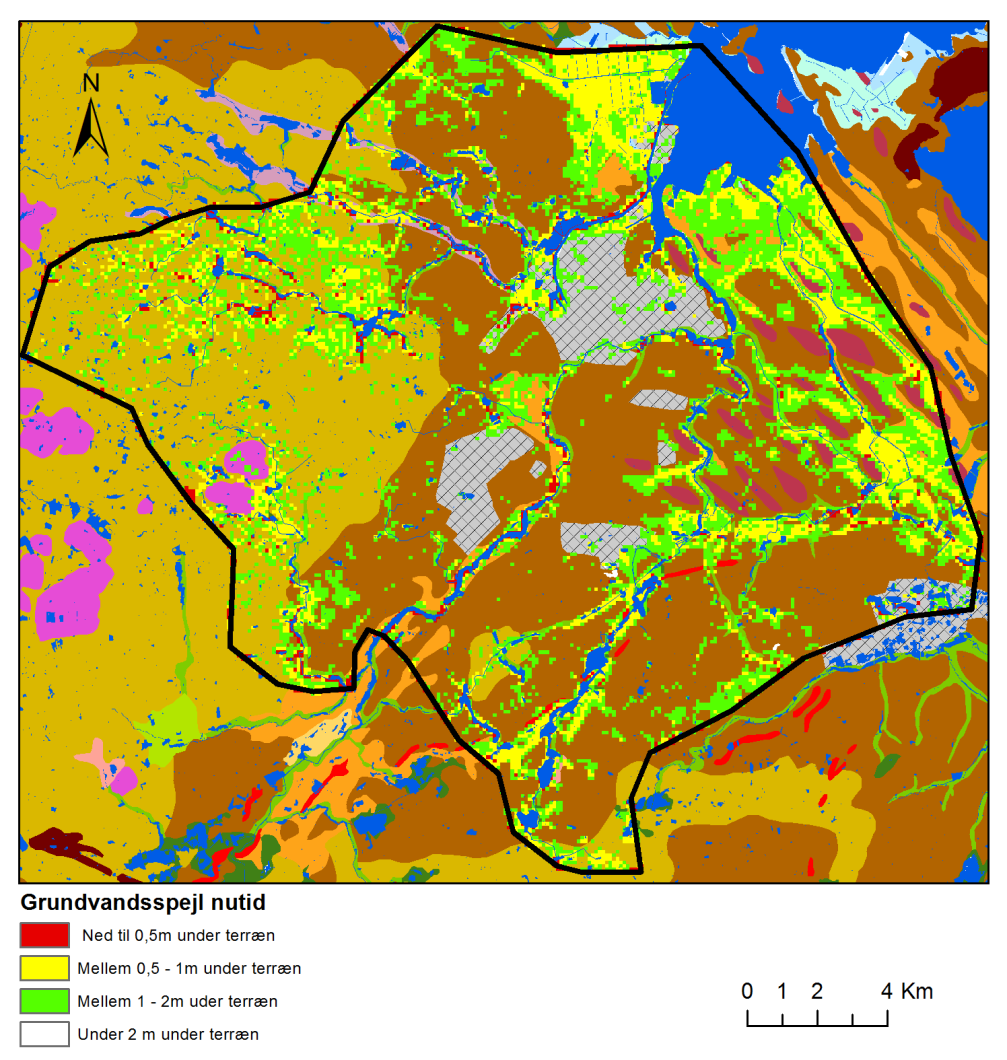 Figur 20 Med blåt ses observationer af søer om vådområder. Modellen resultater er vist med rød, gul og grøn markering. Som baggrund er geomorfologisk kort for Fyn vist. 4.3.
