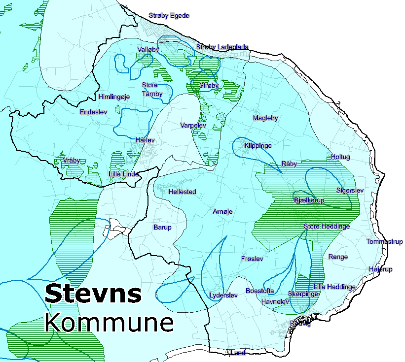 Figur 6 OSD-, OD- og nitratfølsommeområder, såvel som indvindingsoplande i Stevns Kommune. Det er muligt at finde kort over OSD, OD og NFI områder på: Miljoeportalen.dk under Arealinformation.