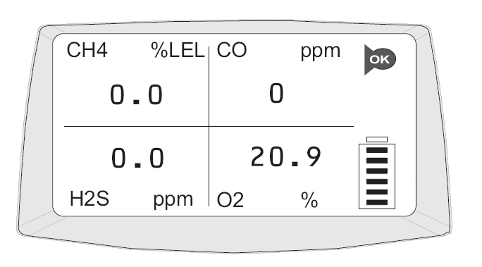 Drifts tilstand Crowcon Tetra 3 5 Tetra 3 er nu klar til brug. Her vises et typisk opstarts display med et normal gas monitorerings display.