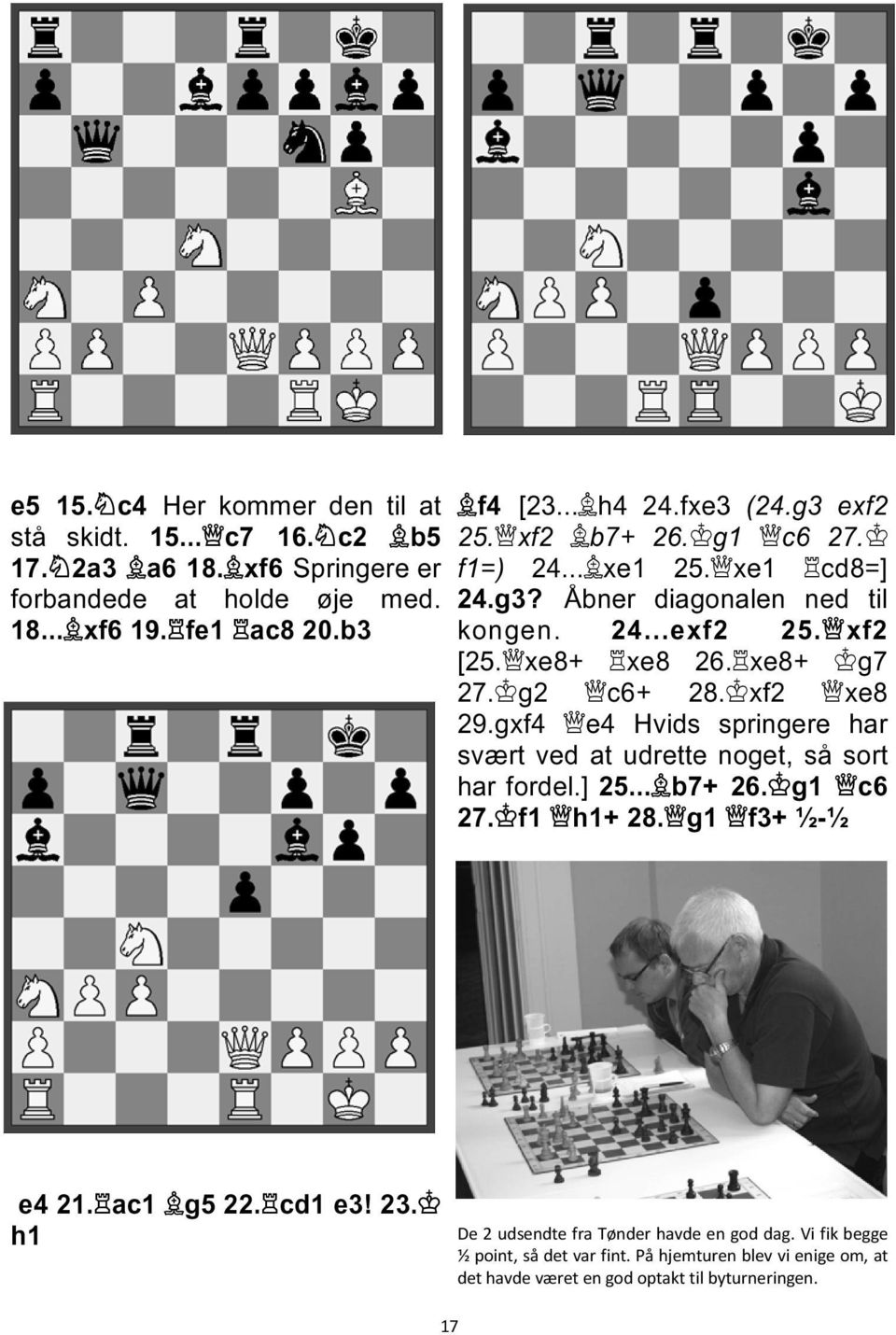 g2 c6+ 28. xf2 xe8 29.gxf4 e4 Hvids springere har svært ved at udrette noget, så sort har fordel.] 25... b7+ 26. g1 c6 27. f1 h1+ 28. g1 f3+ ½-½ e4 21. ac1 g5 22.