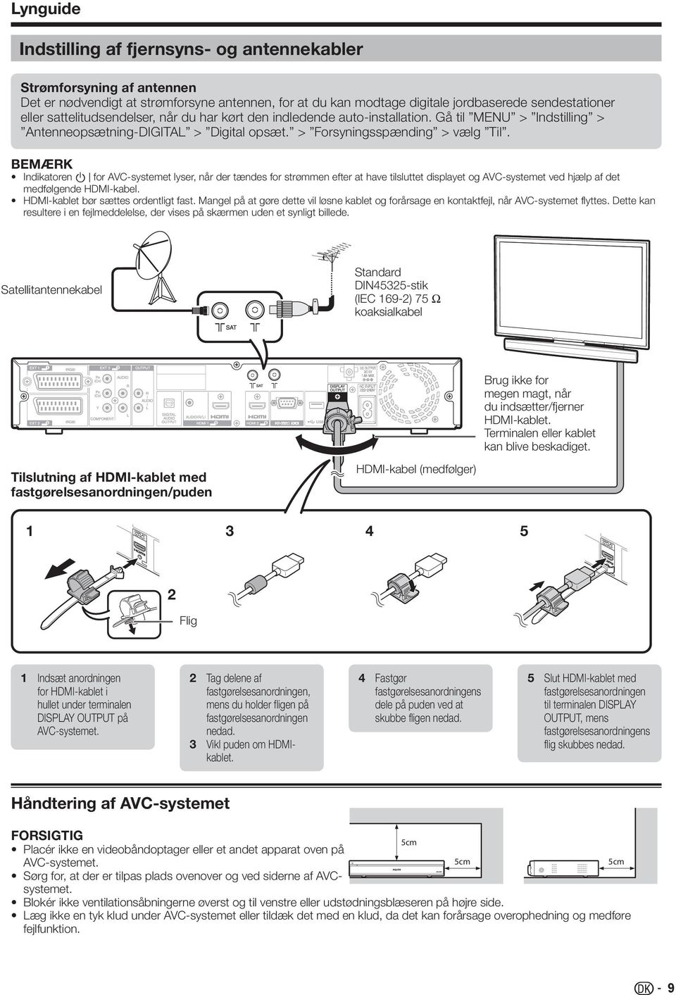 Indikatoren B for AVC-systemet lyser, når der tændes for strømmen efter at have tilsluttet displayet og AVC-systemet ved hjælp af det medfølgende HDMI-kabel. HDMI-kablet bør sættes ordentligt fast.