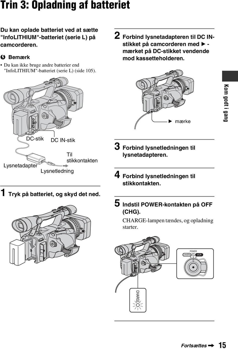 2 Forbind lysnetadapteren til DC INstikket på camcorderen med B - mærket på DC-stikket vendende mod kassetteholderen.