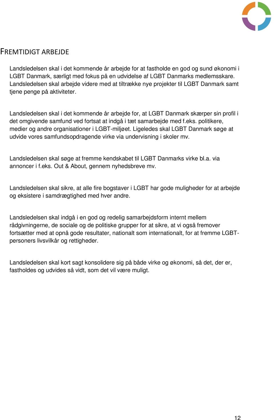 Landsledelsen skal i det kommende år arbejde for, at LGBT Danmark skærper sin profil i det omgivende samfund ved fortsat at indgå i tæt samarbejde med f.eks.