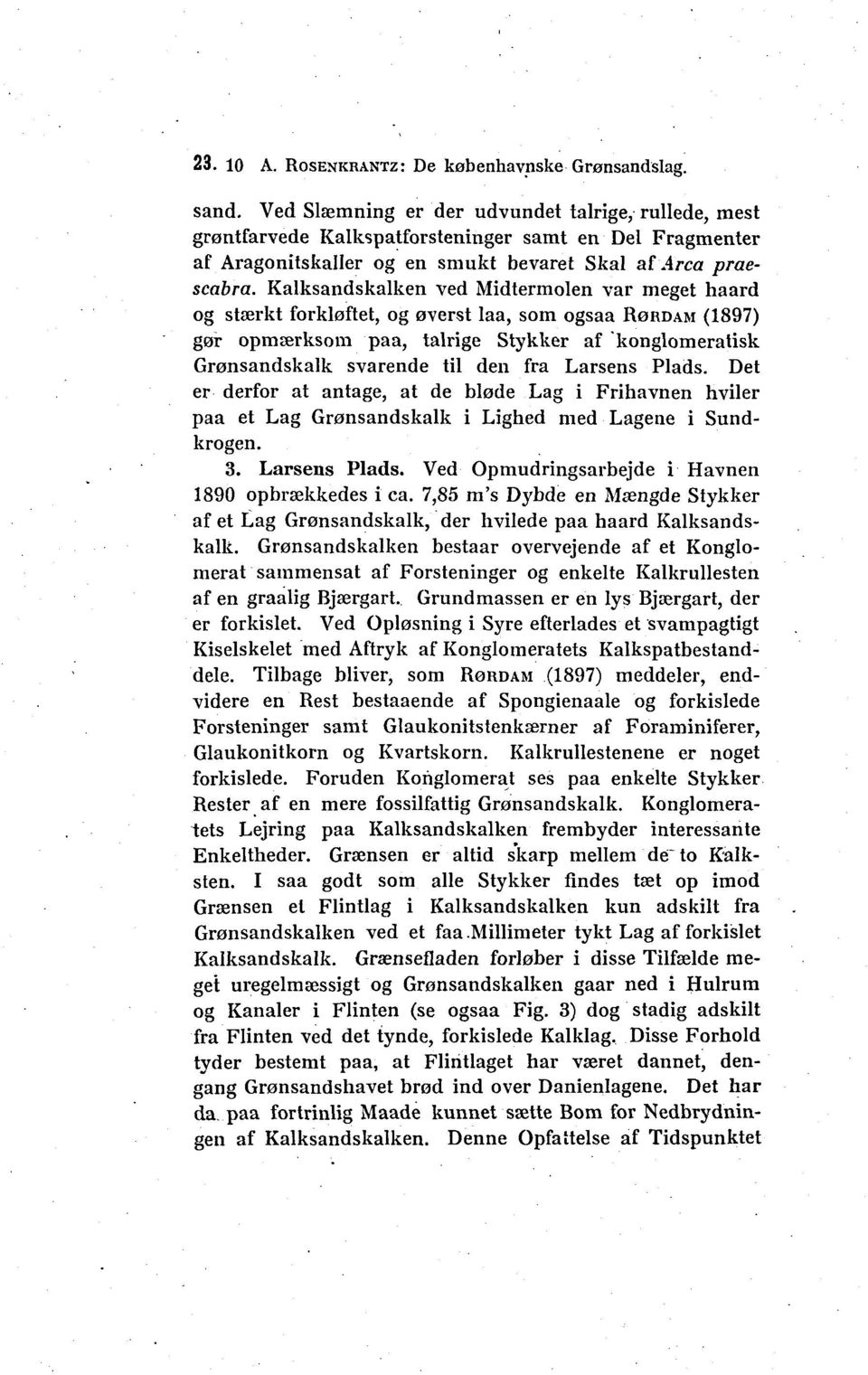 Kalksandskalken ved Midtermolen var meget haard og stærkt forkløftet, og øverst laa, som ogsaa RØRDAM (1897) gør opmærksom paa, talrige Stykker af konglomeratisk Grønsandskalk svarende til den fra