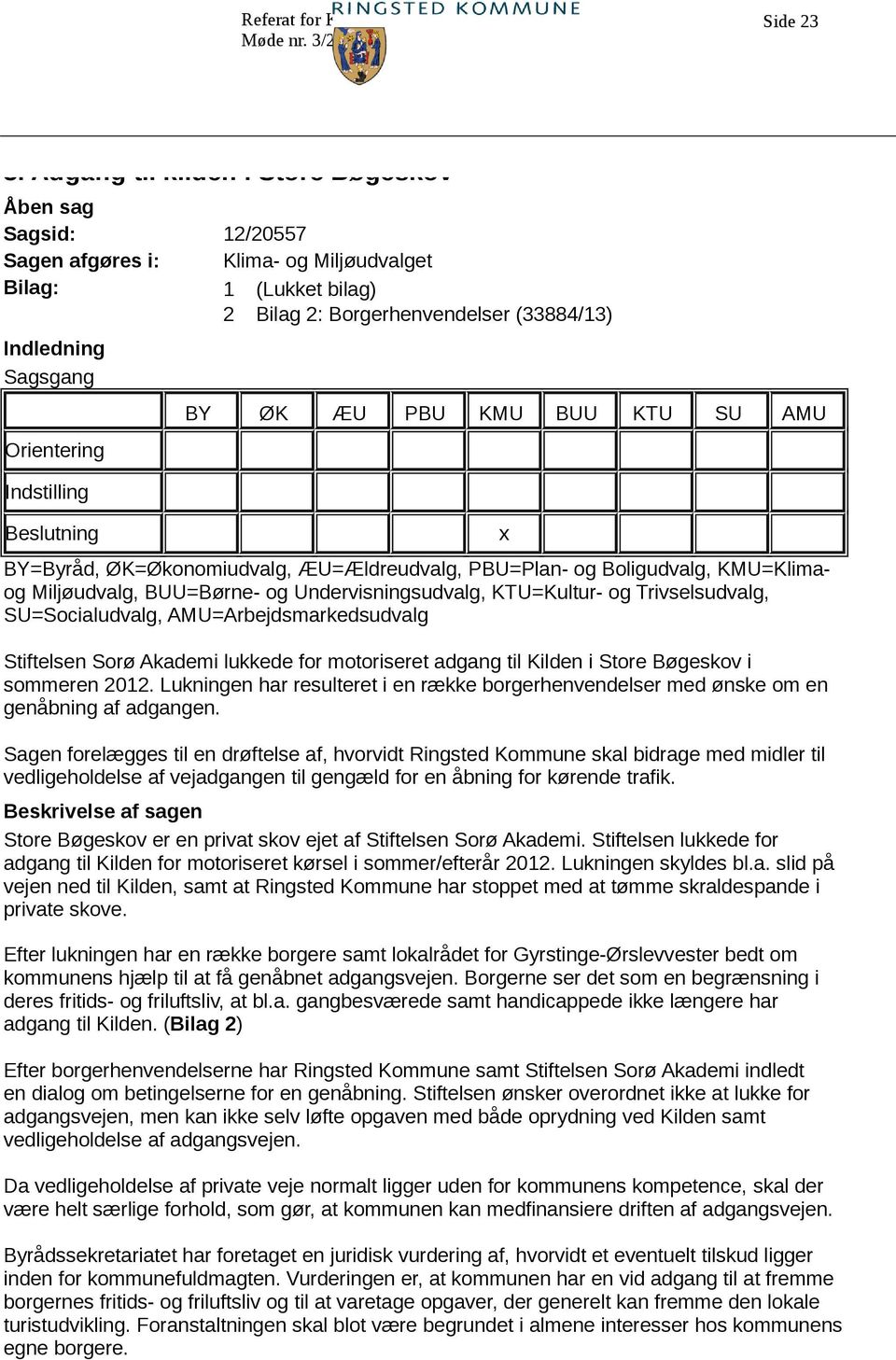 Trivselsudvalg, SU=Socialudvalg, AMU=Arbejdsmarkedsudvalg Stiftelsen Sorø Akademi lukkede for motoriseret adgang til Kilden i Store Bøgeskov i sommeren 2012.