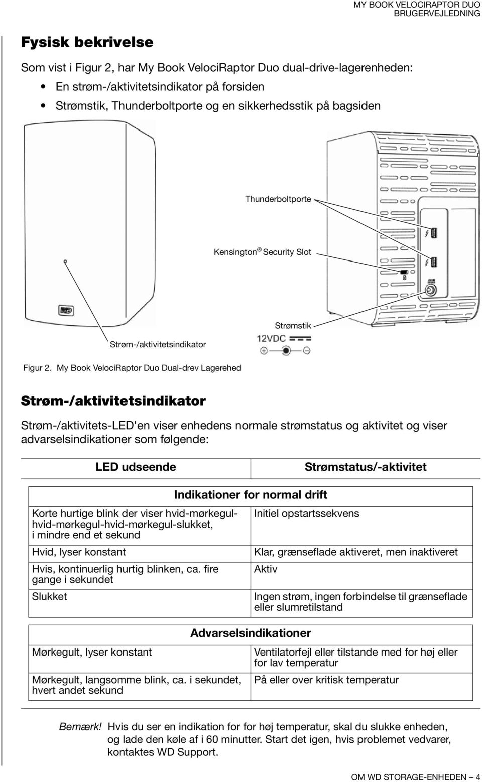 My Book VelociRaptor Duo Dual-drev Lagerehed Strøm-/aktivitetsindikator Strøm-/aktivitets-LED'en viser enhedens normale strømstatus og aktivitet og viser advarselsindikationer som følgende: LED