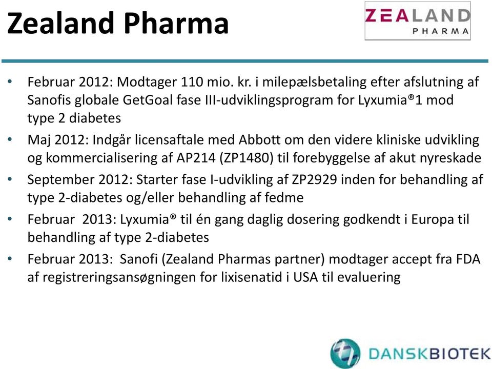 den videre kliniske udvikling og kommercialisering af AP214 (ZP1480) til forebyggelse af akut nyreskade September 2012: Starter fase I udvikling af ZP2929 inden for