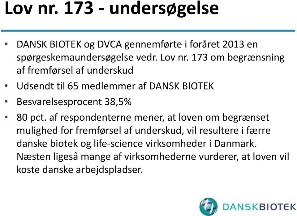 af respondenterne mener, at loven om begrænset mulighed for fremførsel af underskud, vil resultere i færre danske biotek