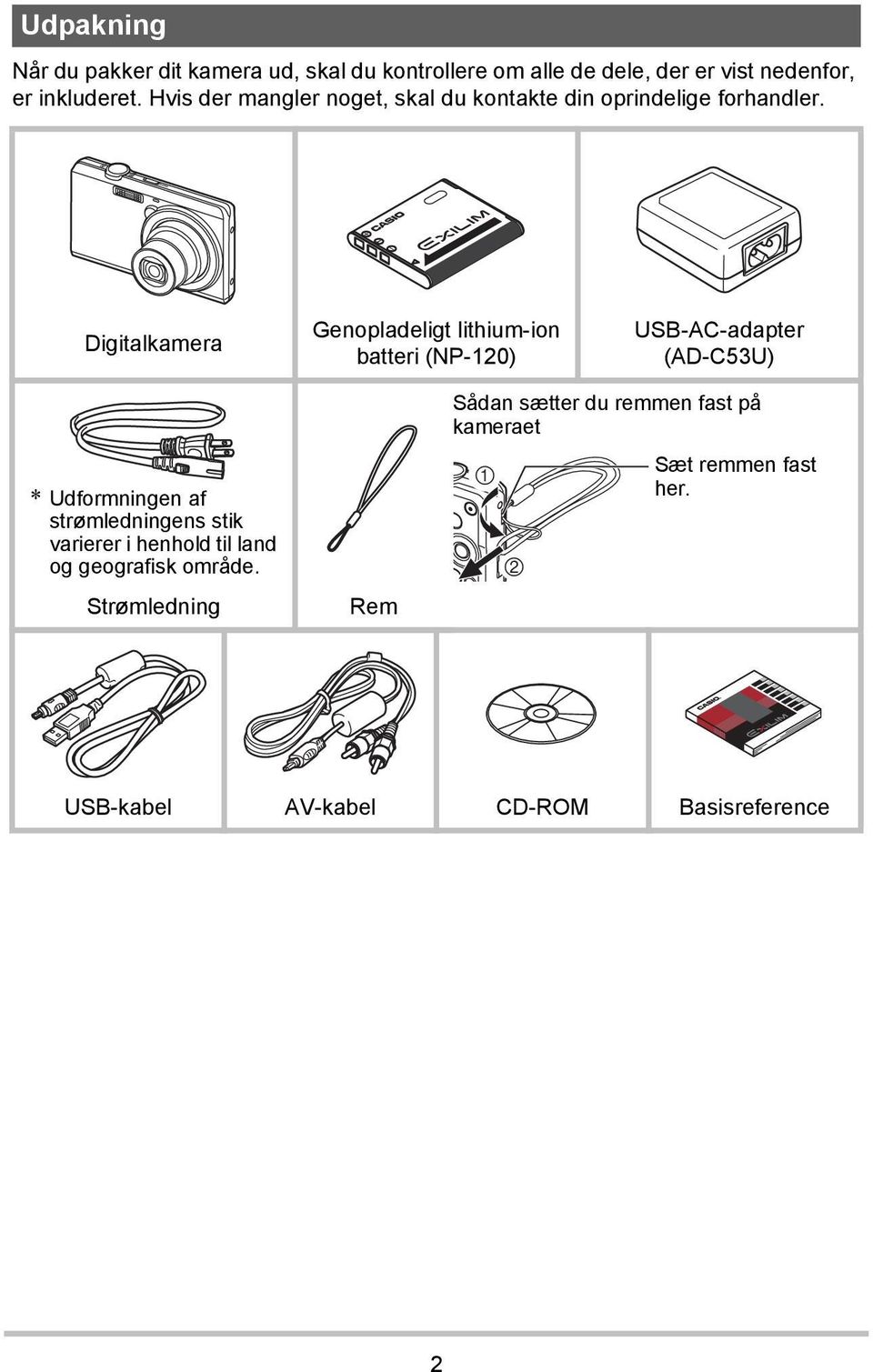 Digitalkamera Genopladeligt lithium-ion batteri (NP-120) USB-AC-adapter (AD-C53U) * Udformningen af strømledningens
