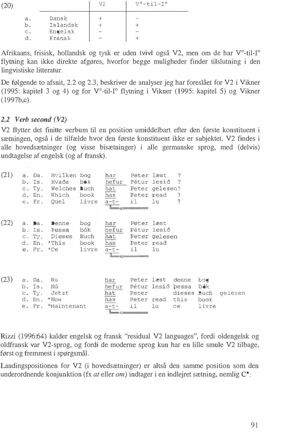 litteratur. De følgende to afsnit, 2.2 og 2.3, beskriver de analyser jeg har foreslået for V2 i Vikner (1995: kapitel 3 og 4) og for V0-til-I0 flytning i Vikner (1995: kapitel 5) og Vikner (1997b,c).
