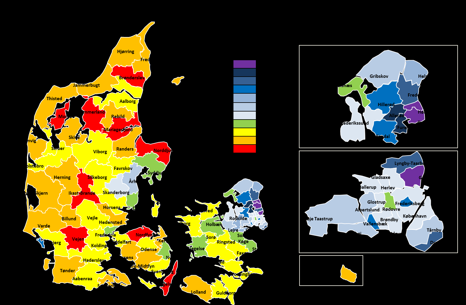 Kilde: www.statistikbanken.dk; Folk1, Pen33. Kommuner markeren med grøn er kommuner, hvor andelen med fuldt pensionstillæg ligger omkring gennemsnittet på 54%.