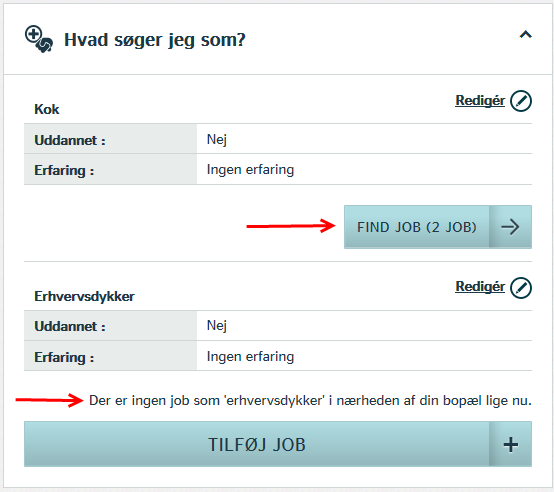 I ovenstående skærmdump har borgeren registreret en stillingsbetegnelse, hvor der er to job, der matcher.
